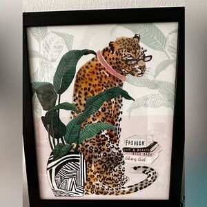 Hobby Lobby Leopard Art with Black Frame and Green Leaves